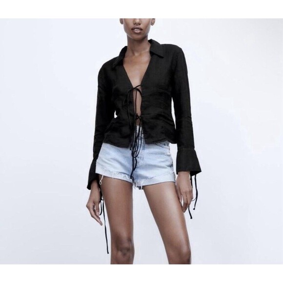 Zara Tops - ZARA Black Linen Tie Front Long Sleeve V-Neck Shirt Size XS Trendy Stylish